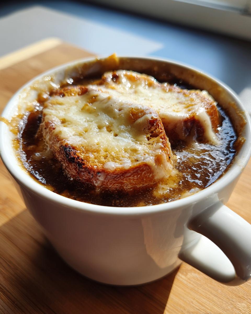 Close-up of a white mug filled with rich french onion soup recipe, topped with toasted bread and melted, browned cheese.