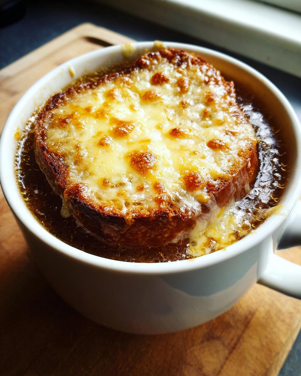 Close-up of a steaming bowl of french onion soup recipe topped with a crouton and bubbly, browned Gruyère cheese.