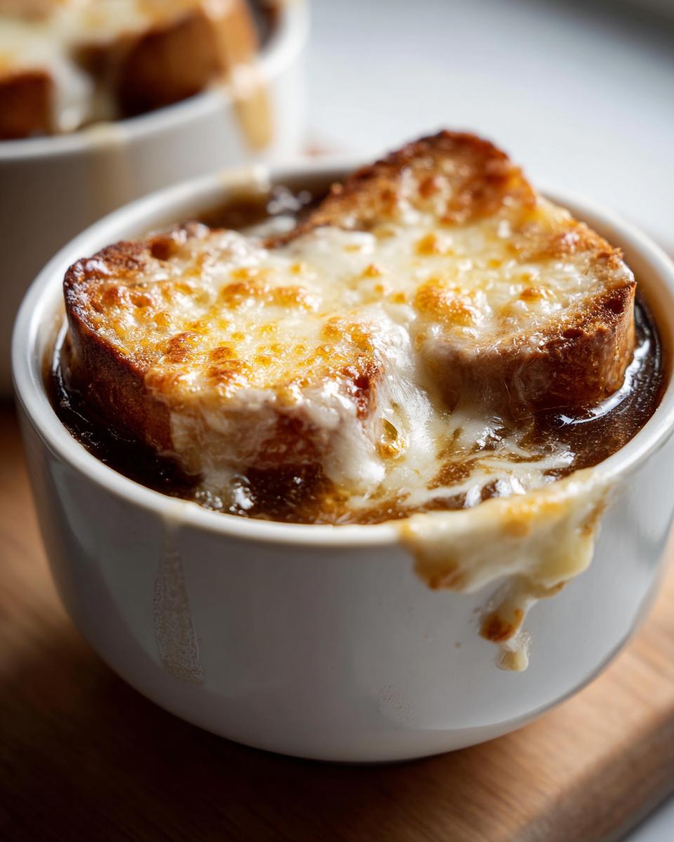 Close-up of a white bowl filled with rich french onion soup recipe, topped with a toasted crouton and melted Gruyère cheese.