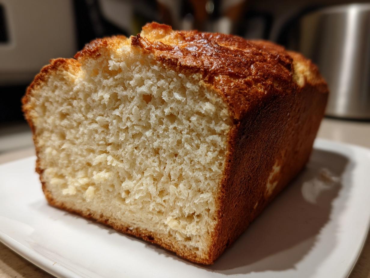 A close-up view showing the fluffy, moist interior crumb of a freshly baked beer bread loaf with a golden-brown crust.