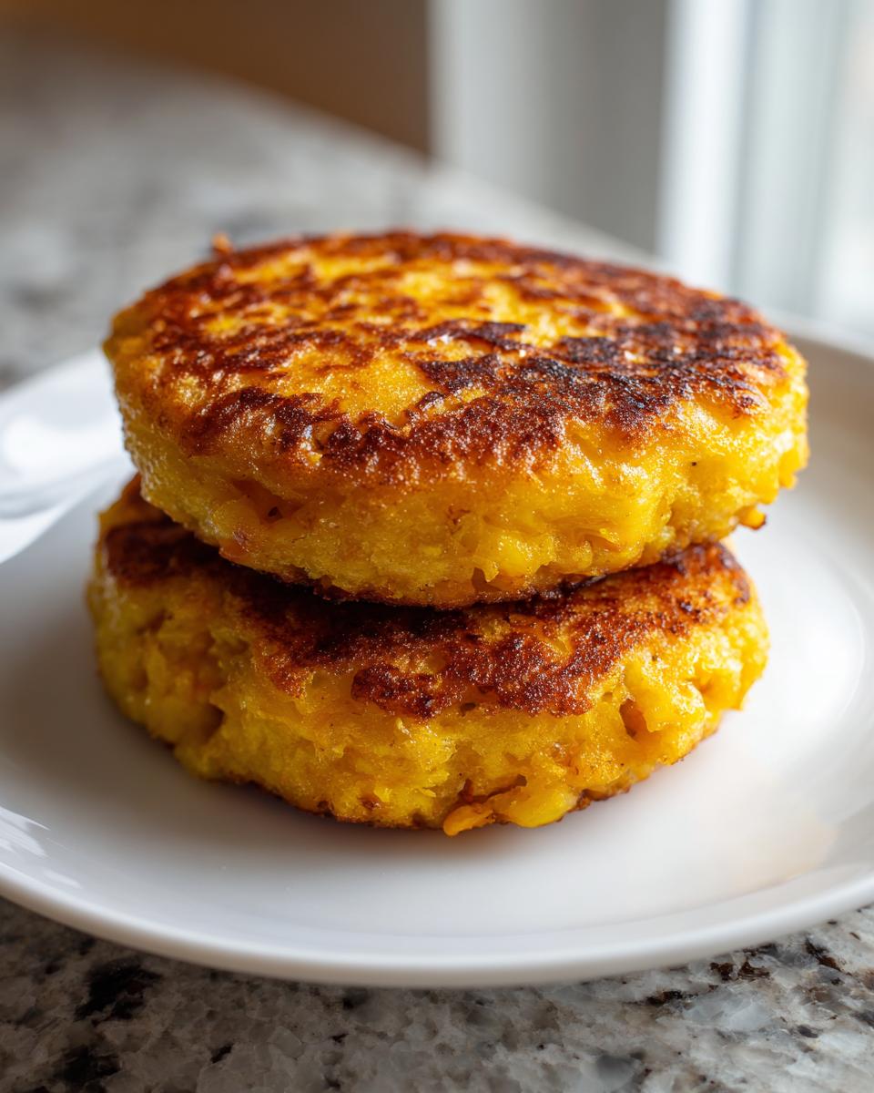 Two golden-brown, round patties of fried cornbread stacked on a white plate.