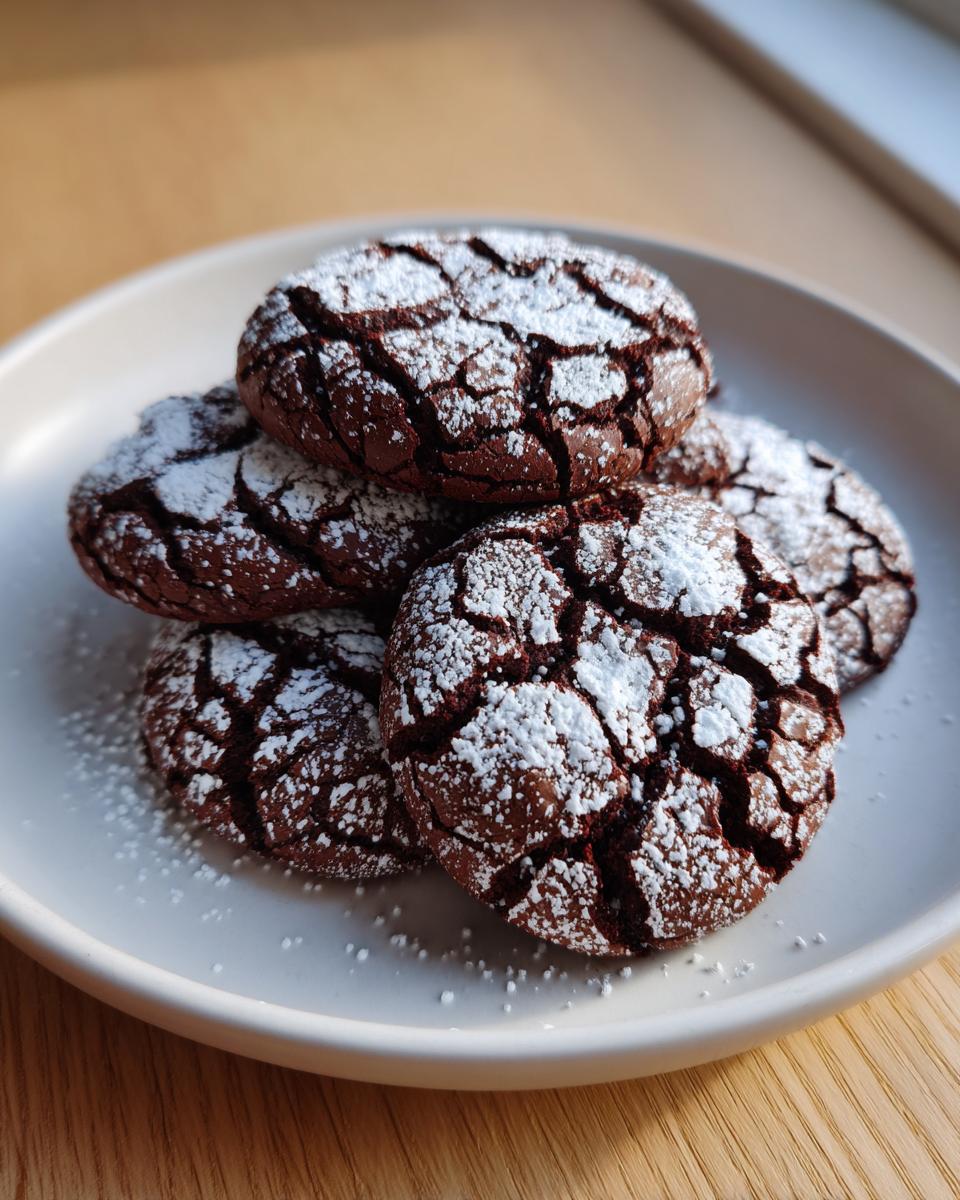 A stack of five fudgy chocolate crinkle cookies heavily dusted with powdered sugar on a white plate.