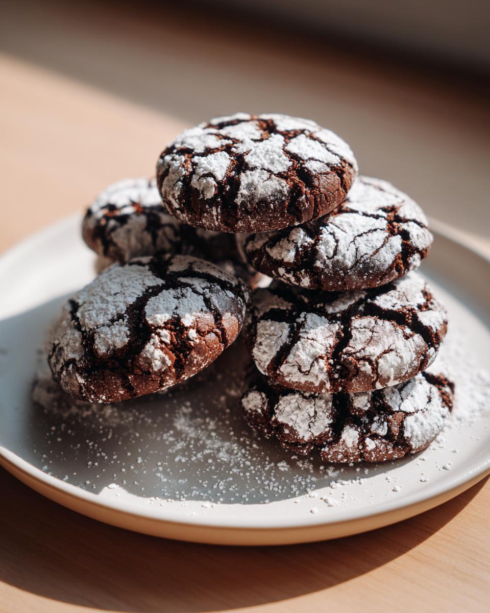 A stack of rich, dark chocolate crinkle cookies heavily dusted with powdered sugar, sitting on a light plate.