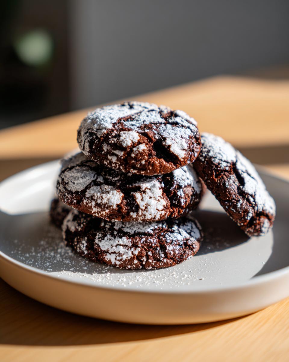 A stack of four rich, dark chocolate crinkle cookies generously dusted with white powdered sugar, resting on a light plate.