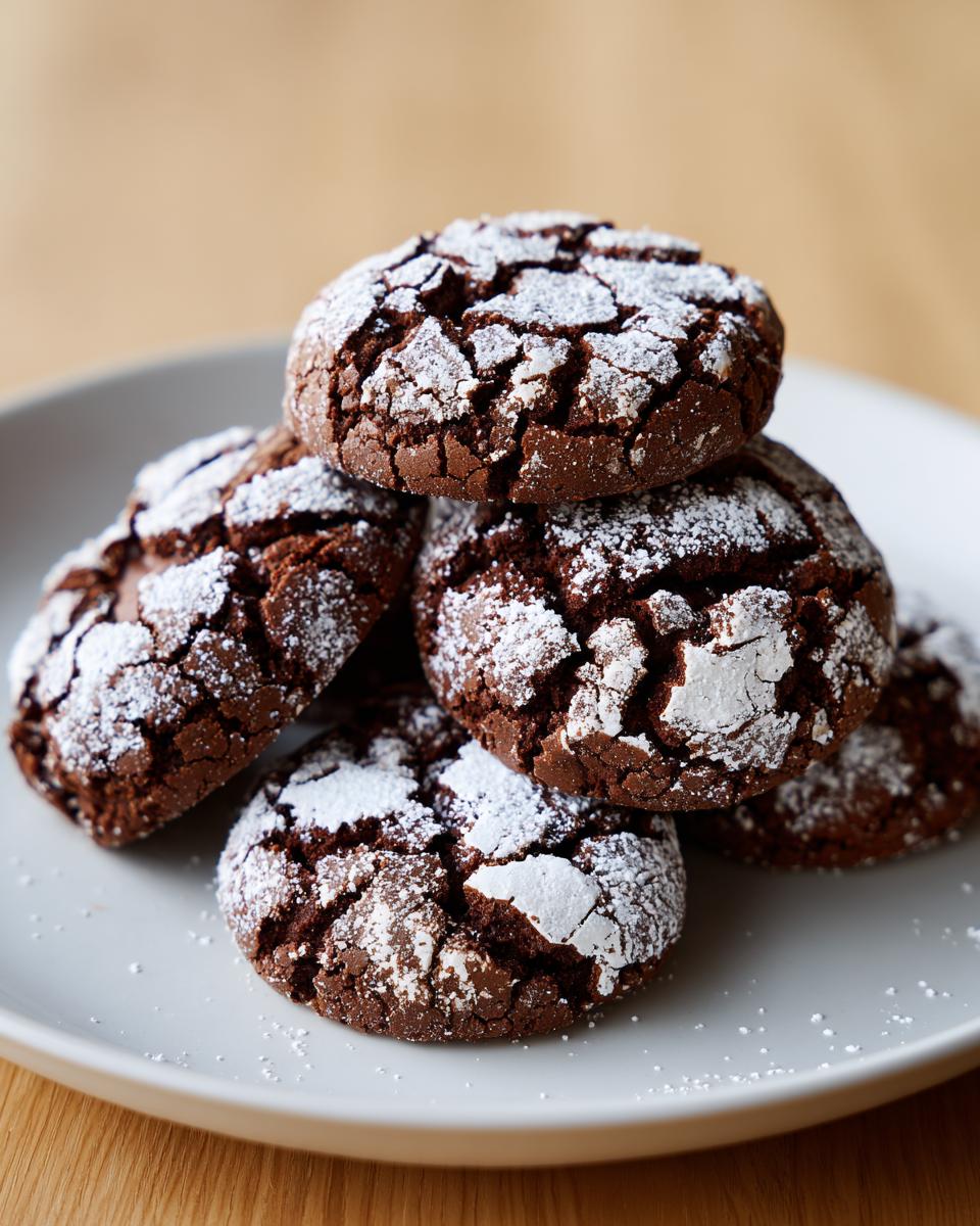 A stack of five rich, dark chocolate crinkle cookies dusted heavily with white powdered sugar.
