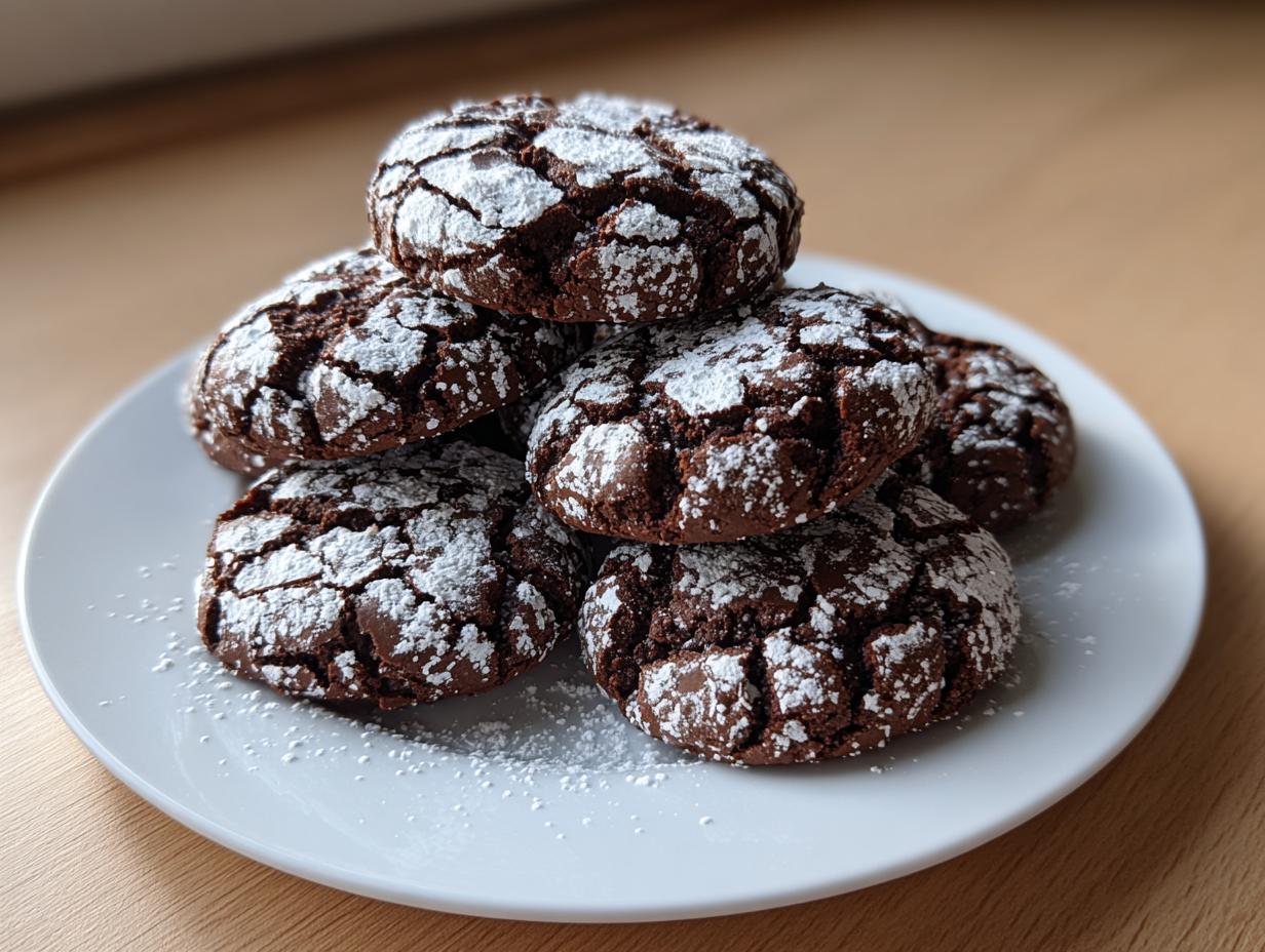 A small stack of dark chocolate crinkle cookies generously dusted with white powdered sugar on a white plate.