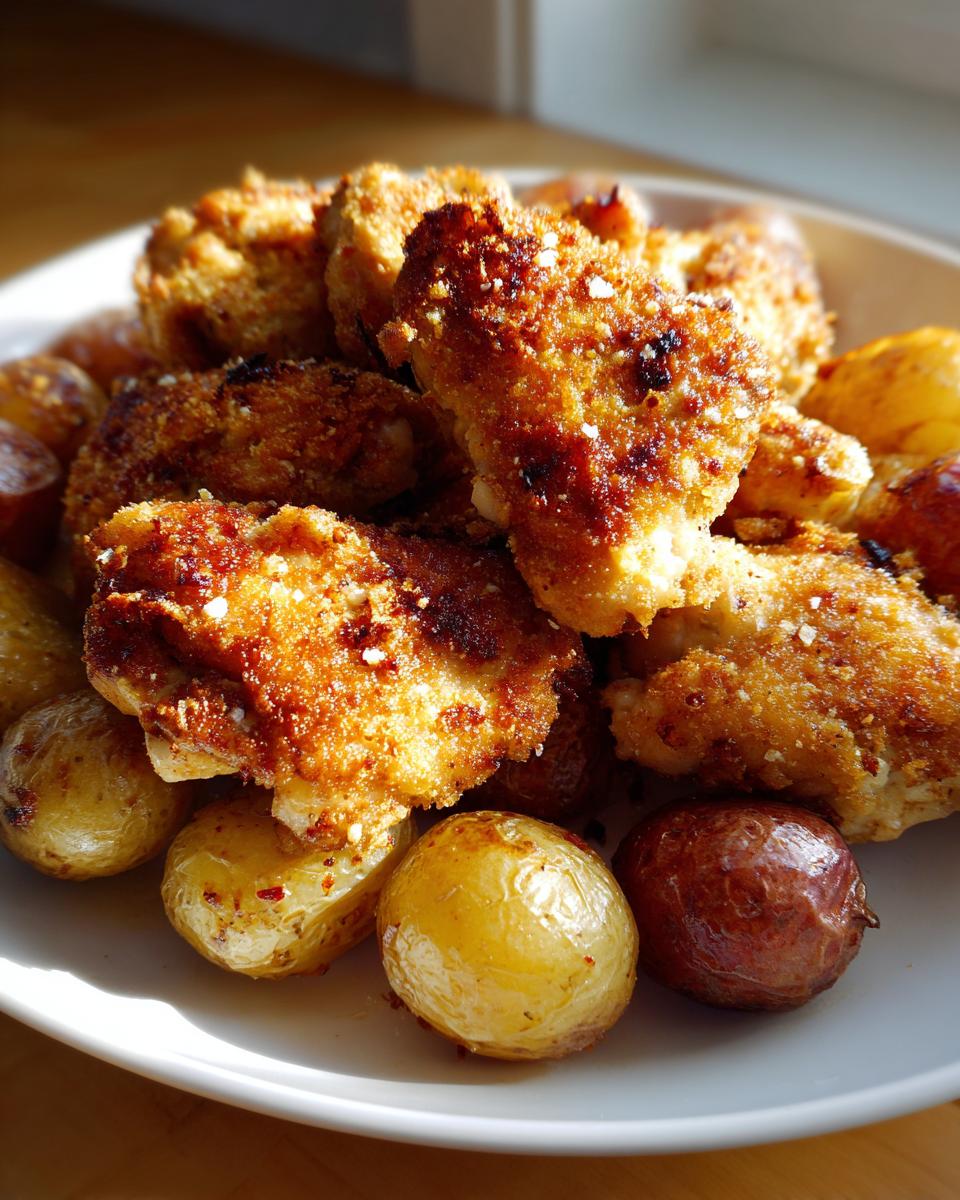 Close-up of crispy, golden-brown garlic parmesan chicken pieces served with roasted baby potatoes.