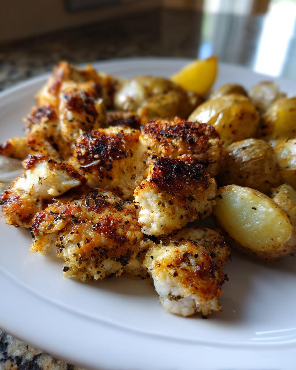 Close-up of crispy, seasoned garlic parmesan chicken pieces served alongside roasted baby potatoes.