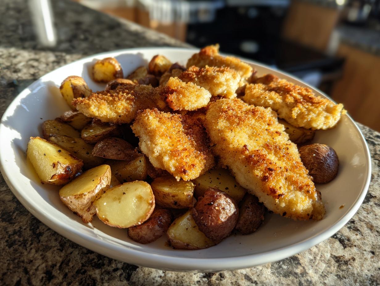 Golden brown, breaded garlic parmesan chicken tenders served over roasted potatoes in a white bowl.