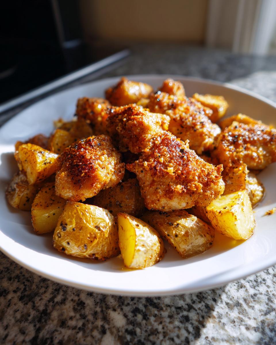 A white plate piled high with crispy, golden garlic parmesan chicken and potatoes, ready to eat.