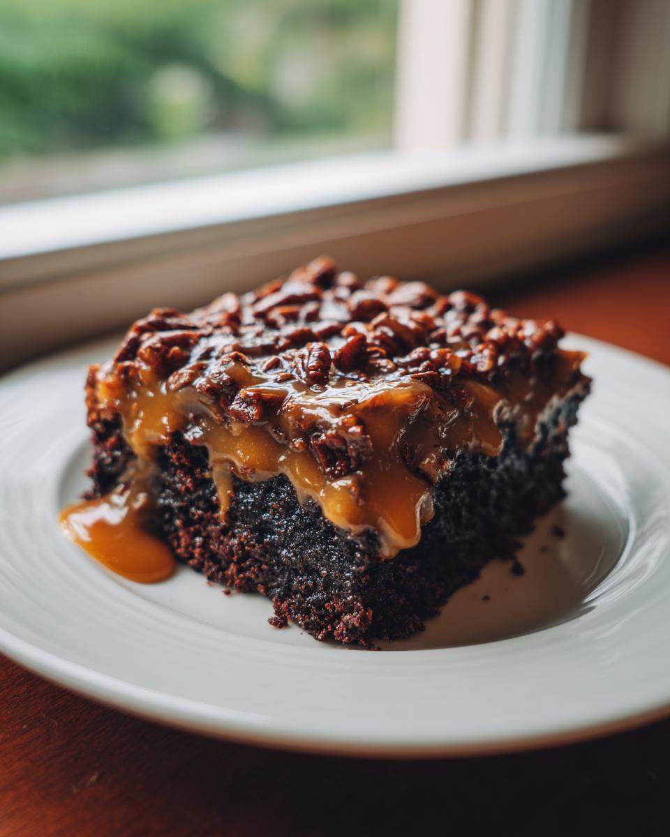 A rich slice of german chocolate poke cake topped with gooey caramel and pecans, served on a white plate.
