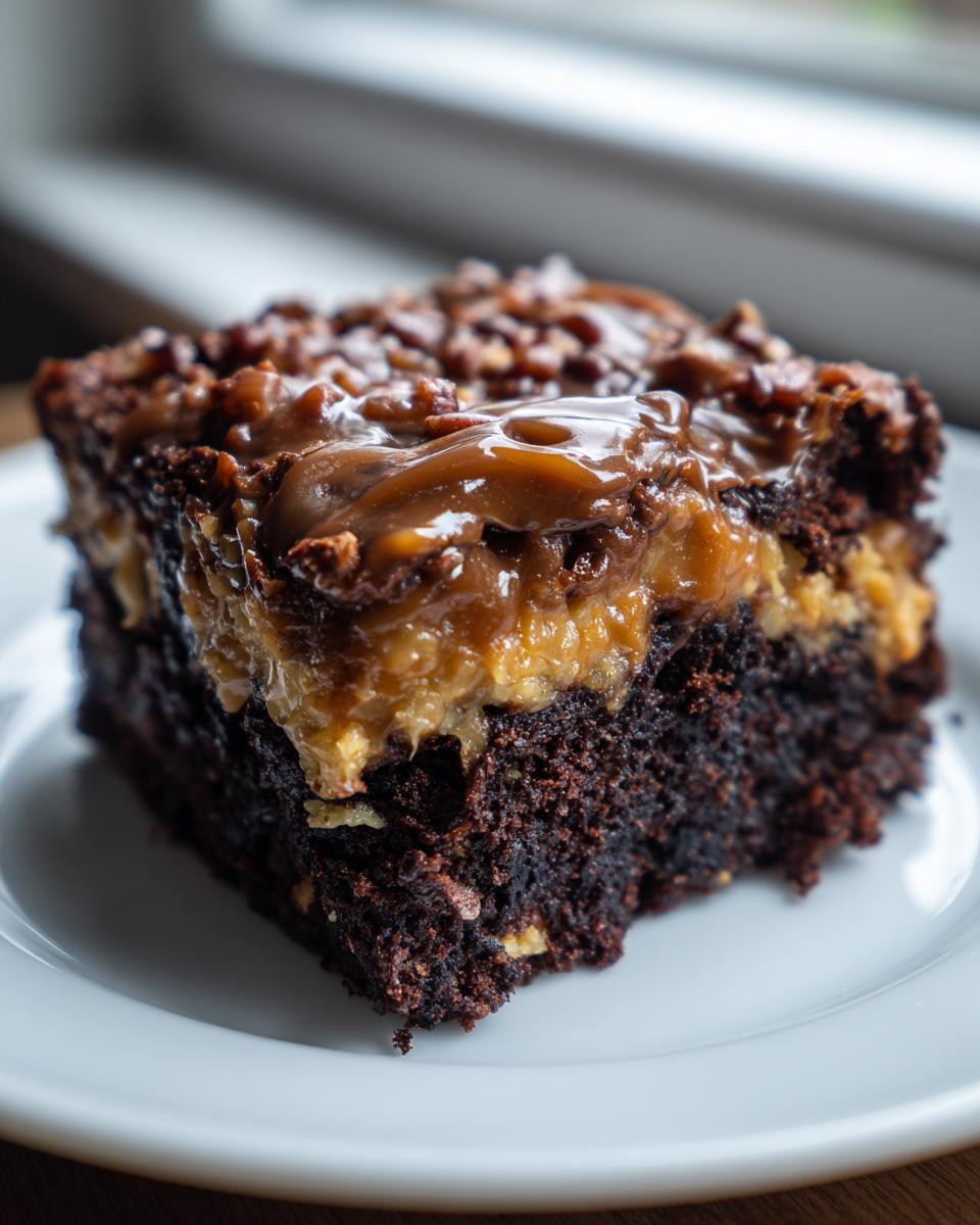 Close-up of a decadent slice of german chocolate poke cake with gooey caramel topping and chopped pecans.