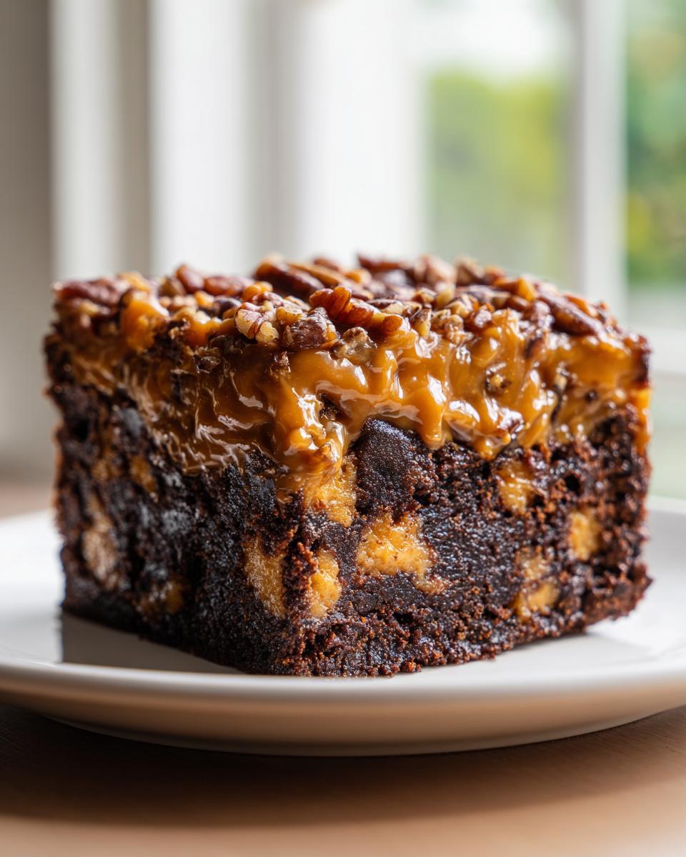 A rich, dark slice of german chocolate poke cake topped with gooey caramel and chopped pecans.