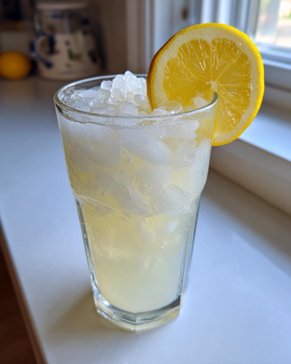 A tall, sweating glass filled with crushed ice and homemade lemonade, garnished with a lemon slice.
