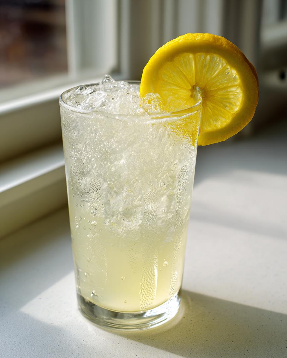 A tall glass filled with ice and refreshing homemade lemonade, garnished with a bright lemon slice.