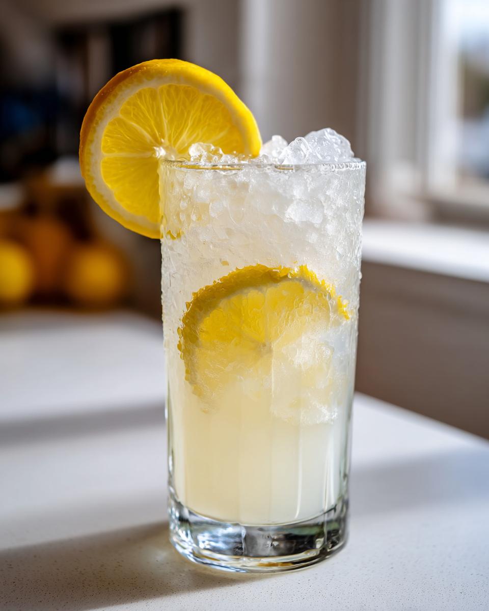 Close-up of a tall glass filled with homemade lemonade, crushed ice, and garnished with lemon slices.