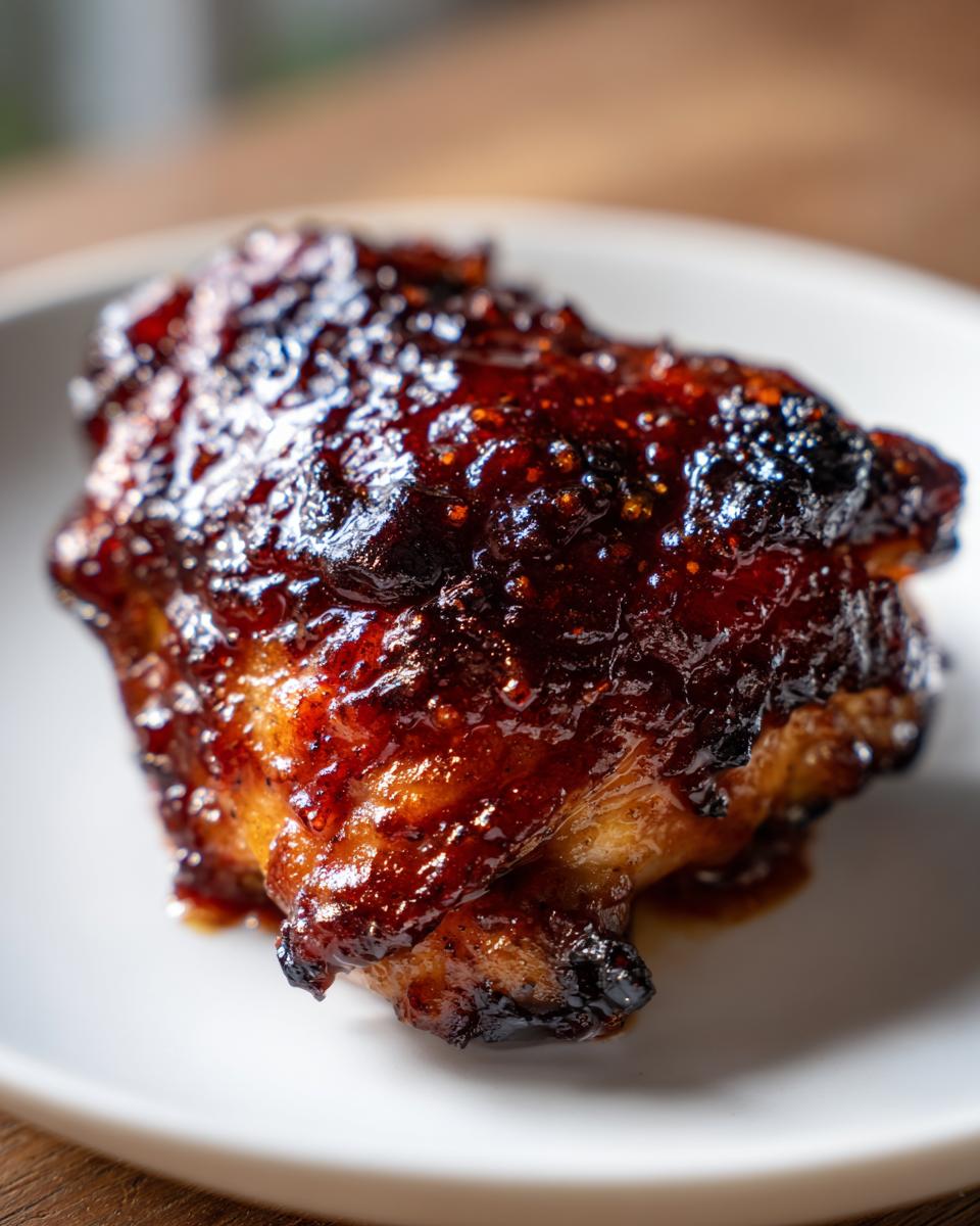 Close-up of a single, richly glazed bbq chicken thigh with a dark, sticky sauce on a white plate.