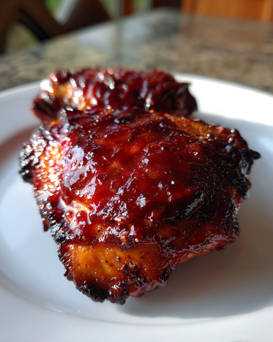 Close-up of two juicy, glazed bbq chicken thighs with a rich, dark red sauce on a white plate.