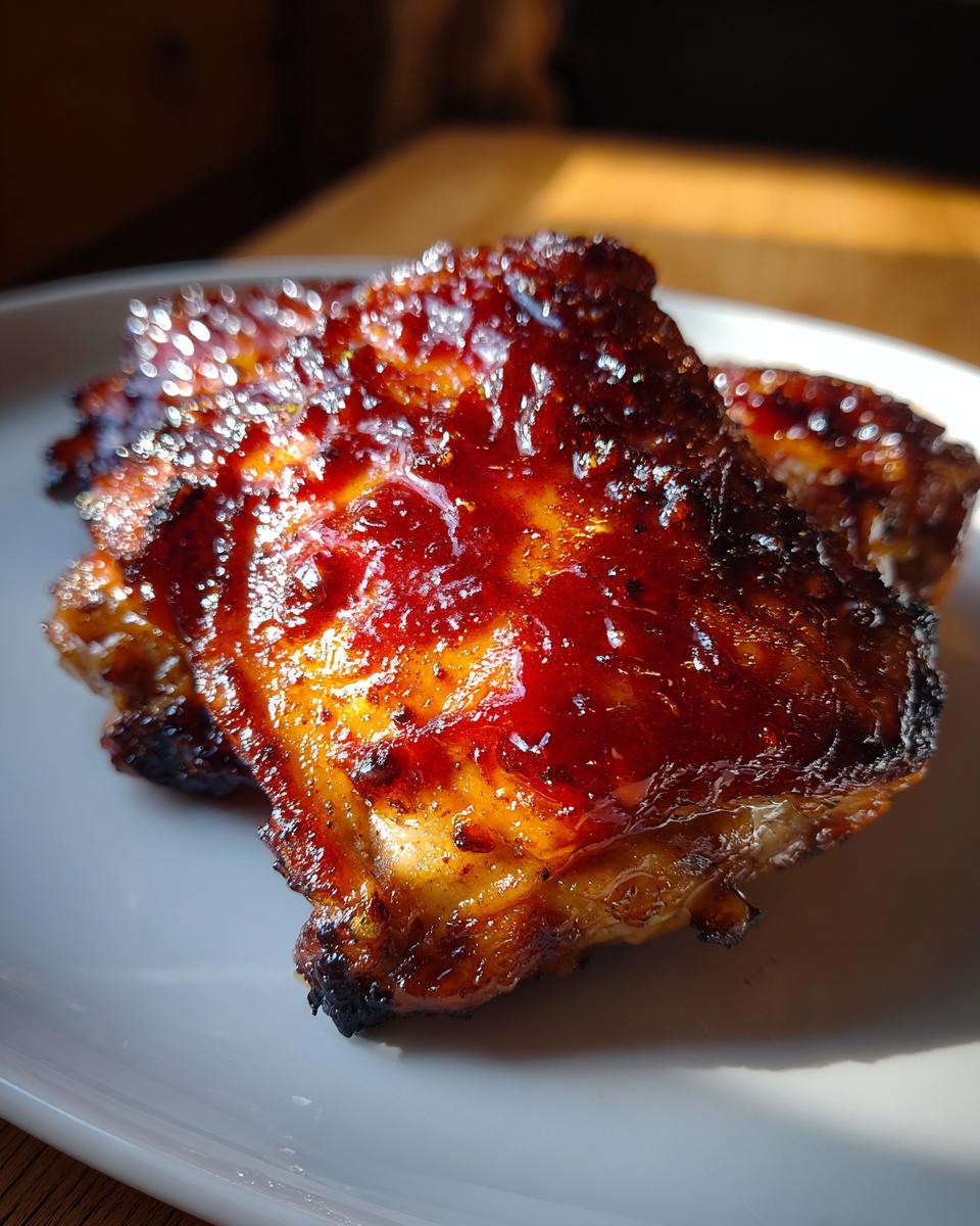 Close-up of two juicy, glazed bbq chicken thighs with a dark, caramelized sauce.