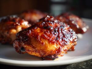 Close-up of perfectly glazed and caramelized bbq chicken thighs resting on a white plate.
