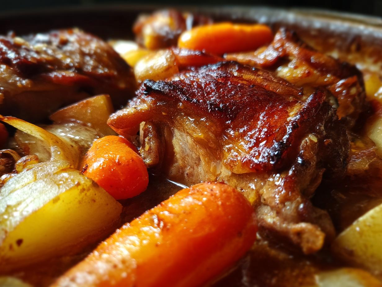 Close-up of deeply browned, glazed braised chicken thighs nestled with bright orange carrots and soft potatoes.