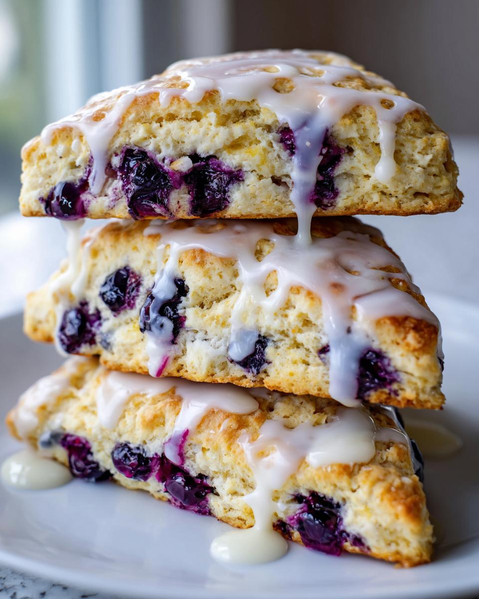 Three stacked lemon blueberry scones generously drizzled with white glaze, showcasing juicy blueberries inside.