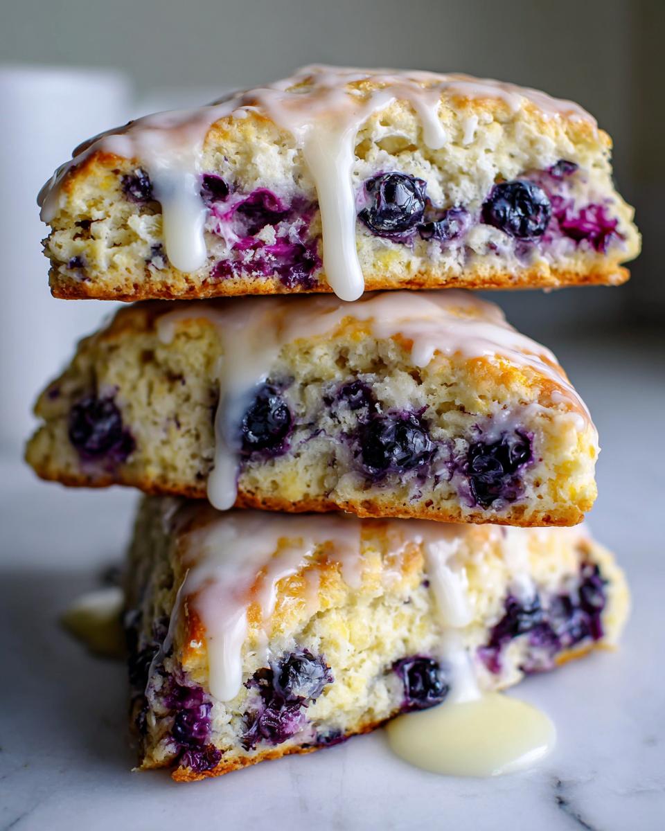 Three delicious lemon blueberry scones stacked and drizzled with thick white lemon glaze.