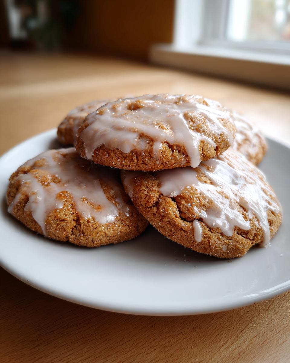 A stack of four delicious maple brown sugar cookies topped with a thick white glaze, resting on a white plate.