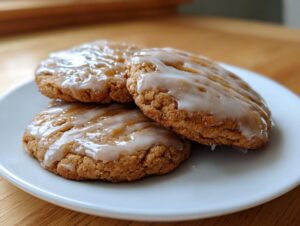 Three soft maple brown sugar cookies stacked on a white plate, drizzled with a light, shiny glaze.