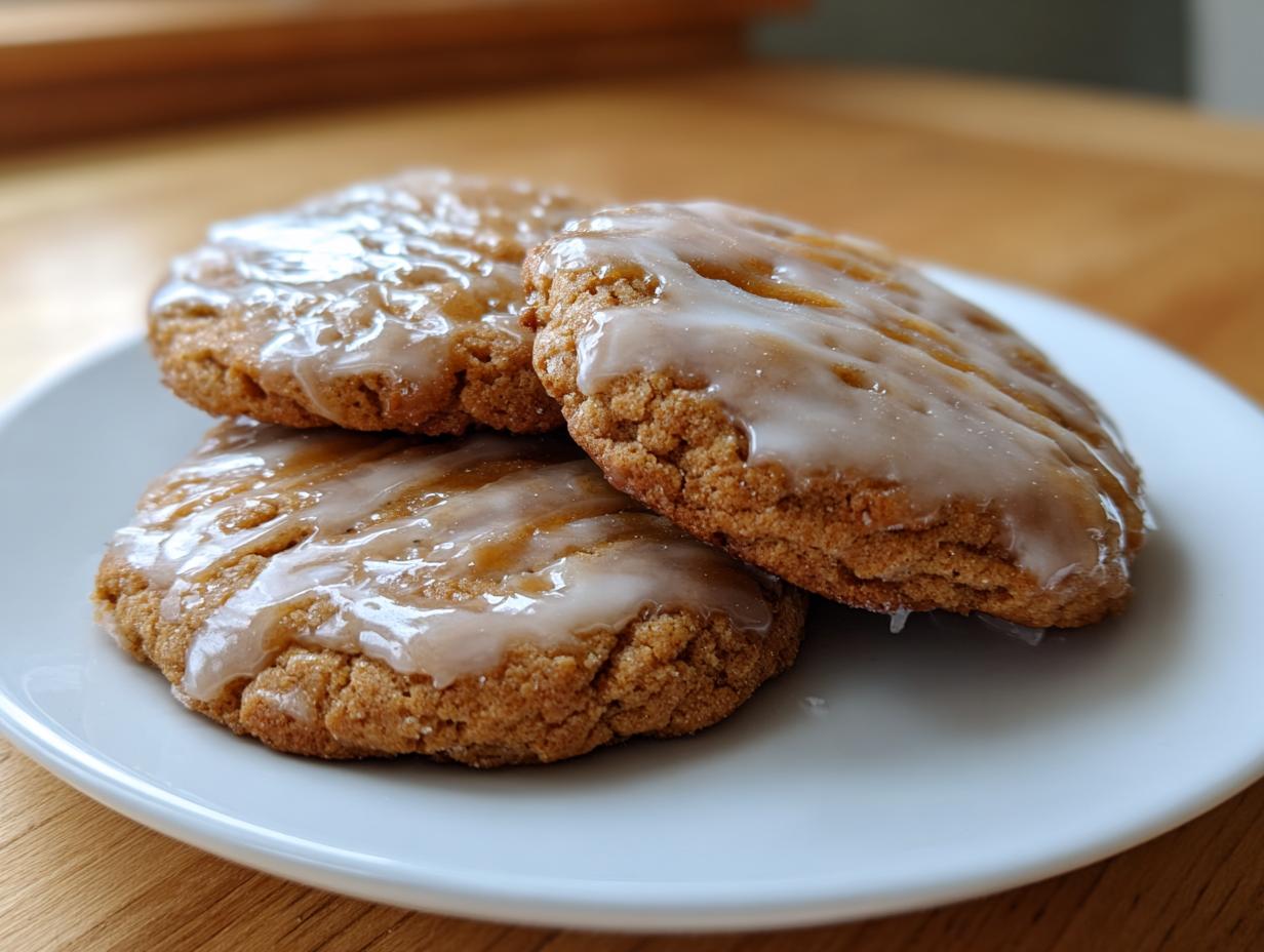 Three soft maple brown sugar cookies stacked on a white plate, drizzled with a light, shiny glaze.