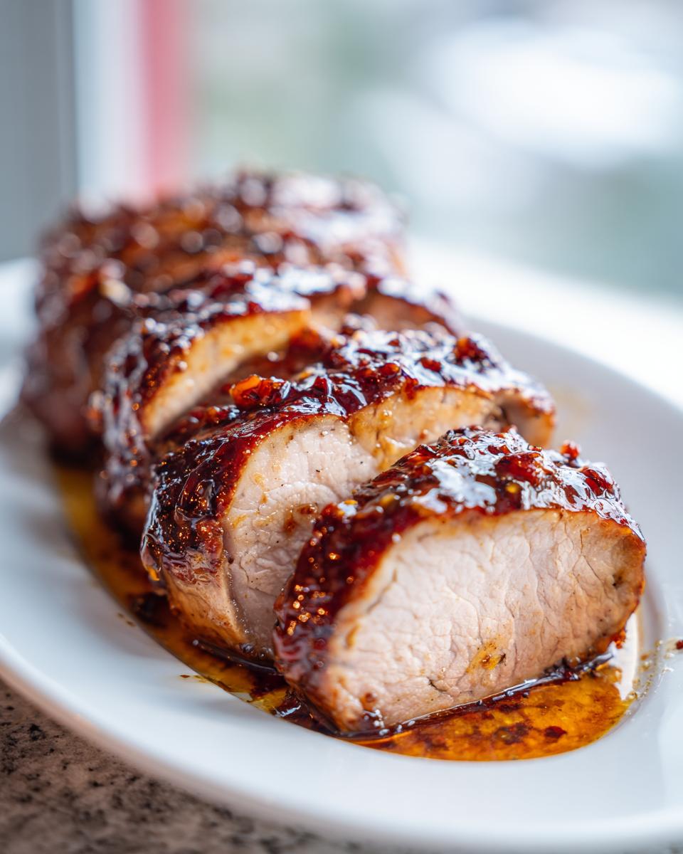 Close-up of sliced, perfectly cooked pork tenderloin recipe covered in a thick, dark, glossy glaze.