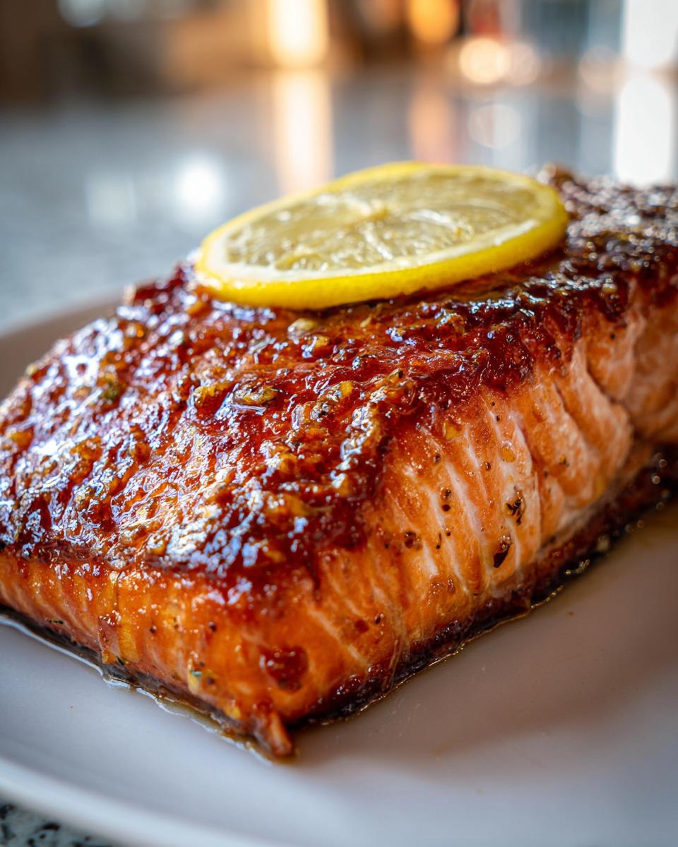 Close-up of a perfectly cooked, glazed salmon recipe fillet topped with a bright lemon slice.