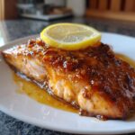Close-up of a perfectly cooked salmon recipe fillet topped with a thick, shiny glaze and a fresh lemon slice.