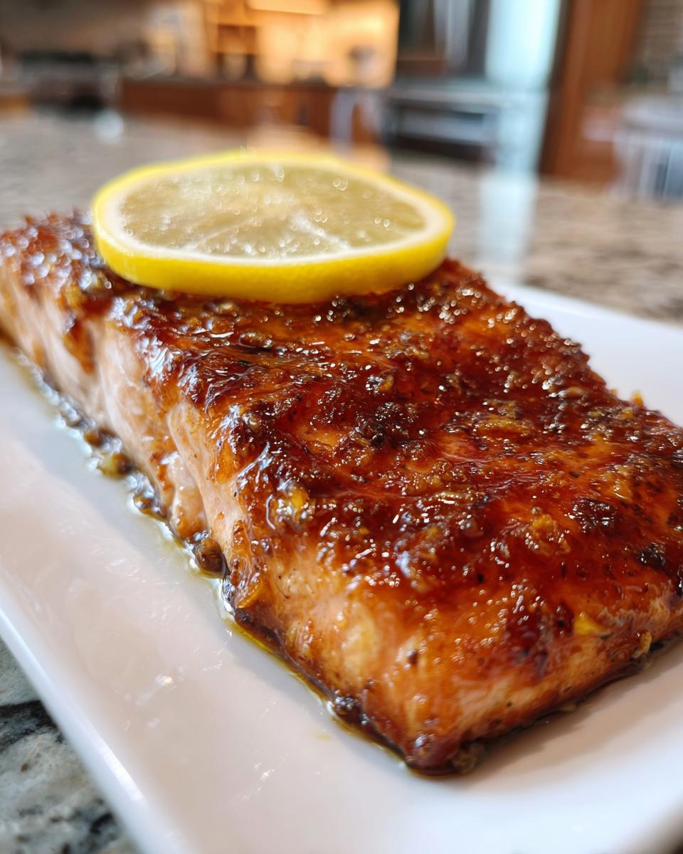 Close-up of a perfectly cooked, glazed salmon recipe fillet topped with a bright lemon slice.