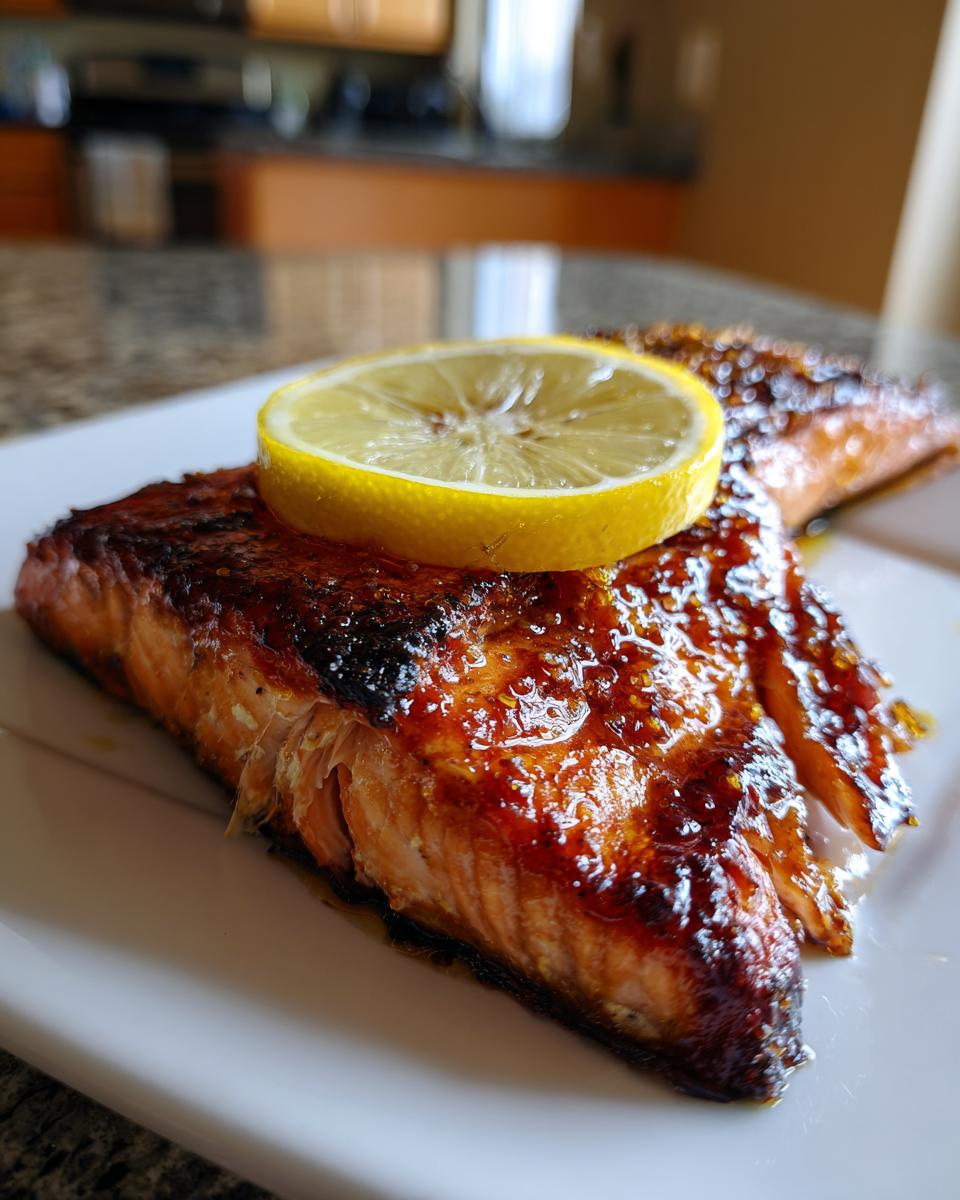 Close-up of a perfectly cooked, glazed salmon recipe fillet topped with a bright lemon slice on a white plate.