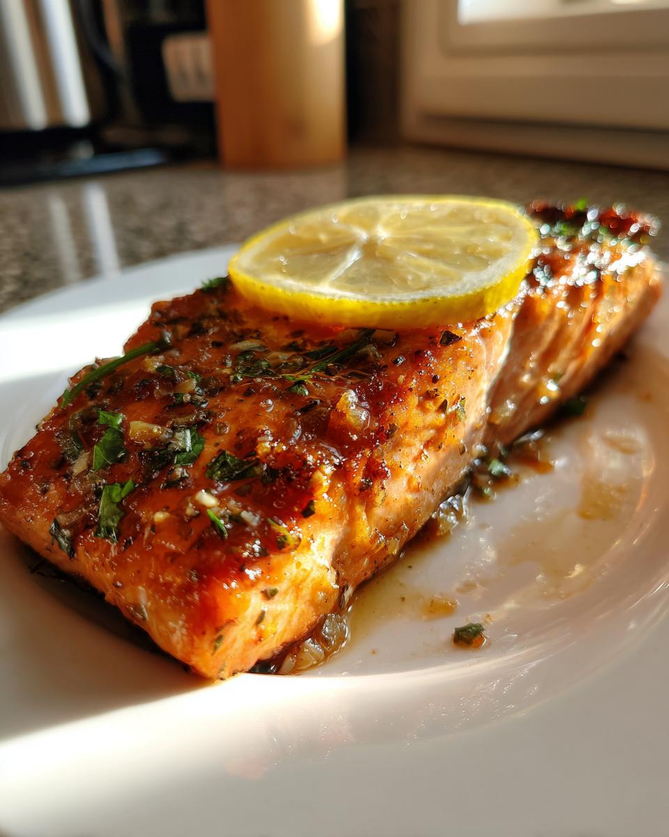 Close-up of a perfectly cooked, glazed salmon recipe fillet topped with a lemon slice and herbs.