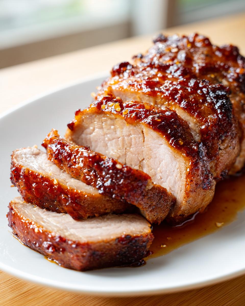 Close-up of a perfectly cooked and sliced pork tenderloin recipe with a thick, shiny, dark glaze pooling on a white plate.