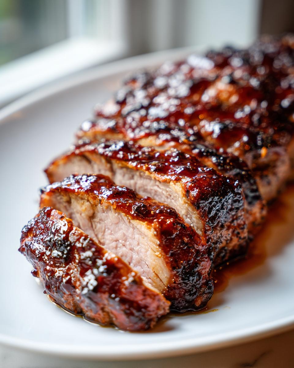 Close-up of a perfectly cooked pork tenderloin recipe, sliced and covered in a thick, dark, glossy glaze.