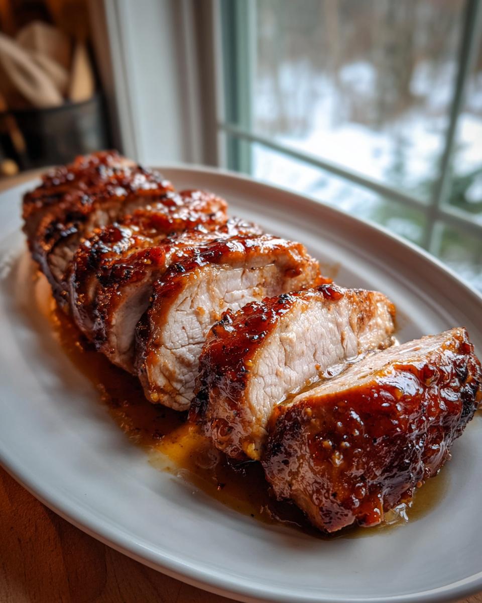 Slices of juicy pork tenderloin recipe coated in a thick, glossy, brown glaze, resting on a white platter.