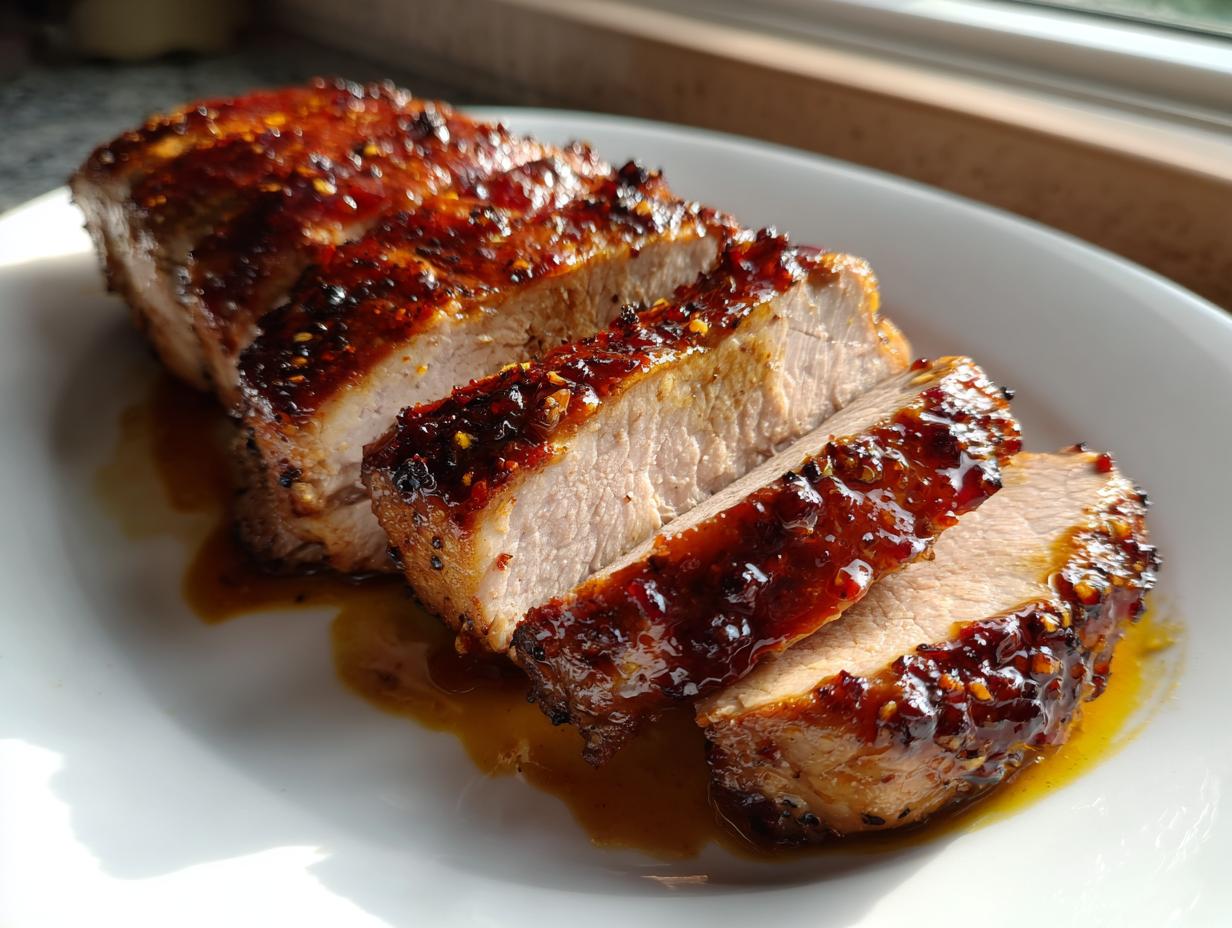 Close-up of a sliced pork tenderloin recipe featuring a thick, shiny, reddish-brown glaze.