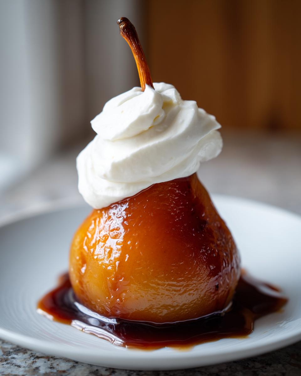 A single, glossy, amber-colored poached pears topped with a swirl of fresh whipped cream, served on a white plate.
