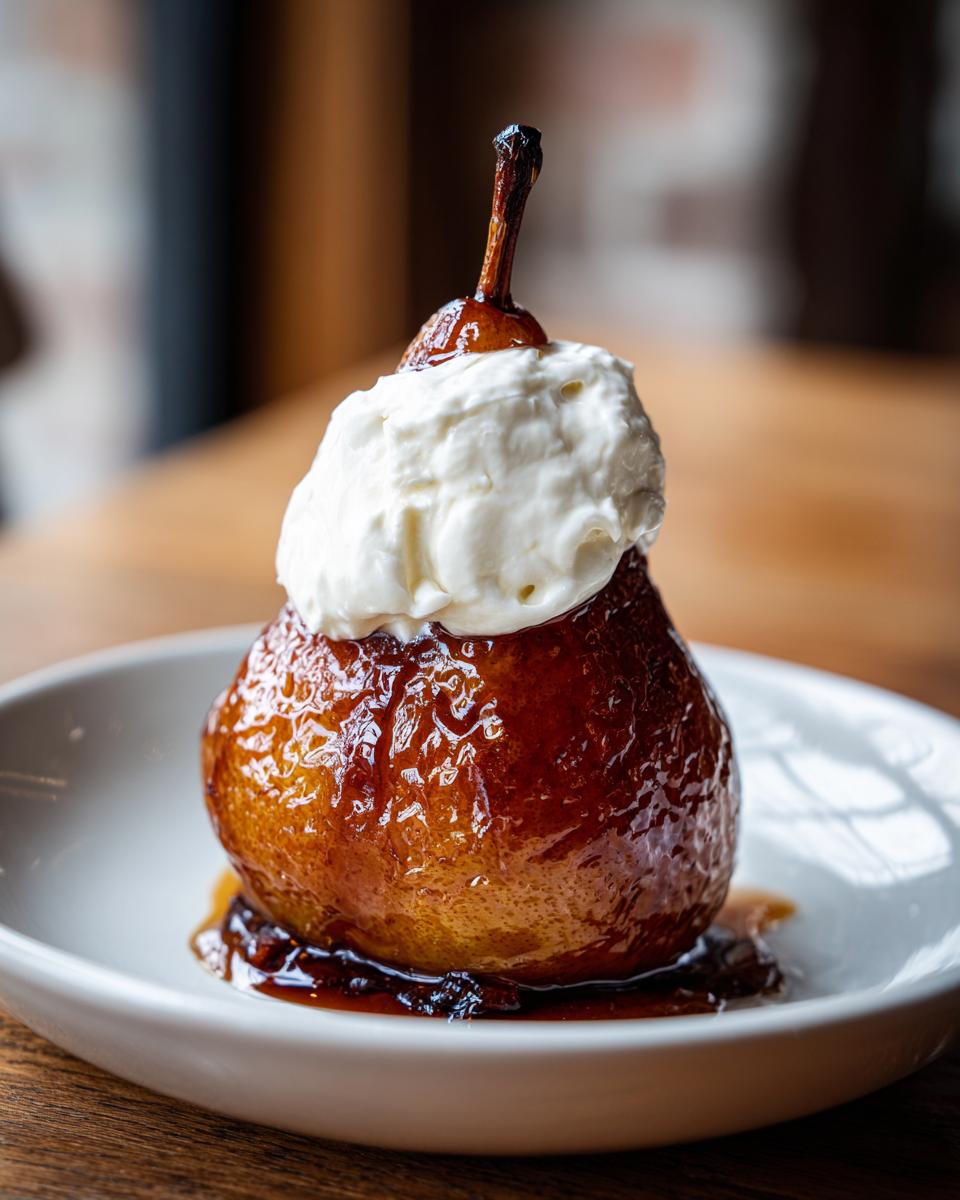 A beautifully glazed poached pears dessert topped with a dollop of fresh whipped cream, served in a white bowl.
