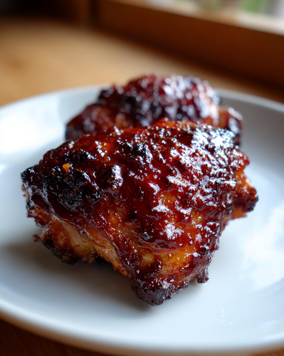 Close-up of two incredibly glossy, caramelized bbq chicken thighs resting on a white plate.