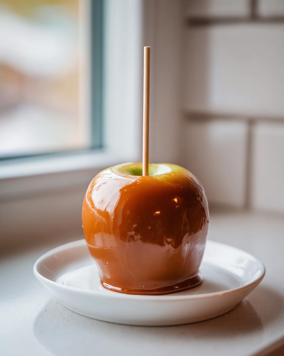 A glossy, freshly made caramel apples sits on a small white saucer near a window.
