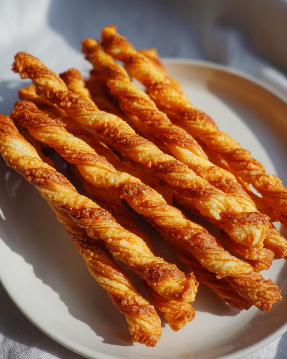A close-up of several golden brown, twisted cheese straws piled on a light-colored plate.