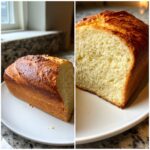 Split image showing a whole loaf and a cross-section of golden brown beer bread on a white plate.