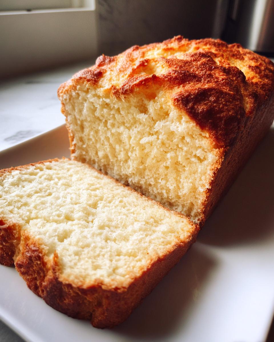 A golden-brown loaf of quick beer bread, partially sliced, showing the soft interior texture.