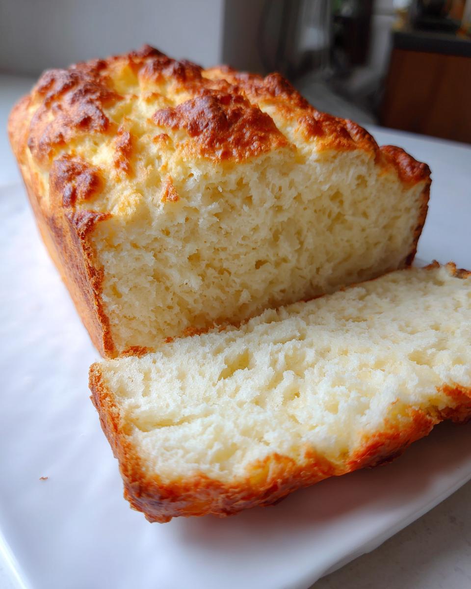A loaf of homemade beer bread, sliced to show the soft interior and golden-brown crust.