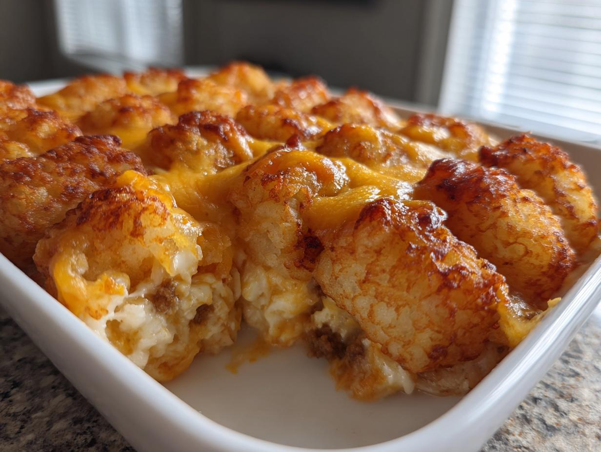 Close-up of a baked tater tot casserole with crispy tots and melted cheddar cheese.