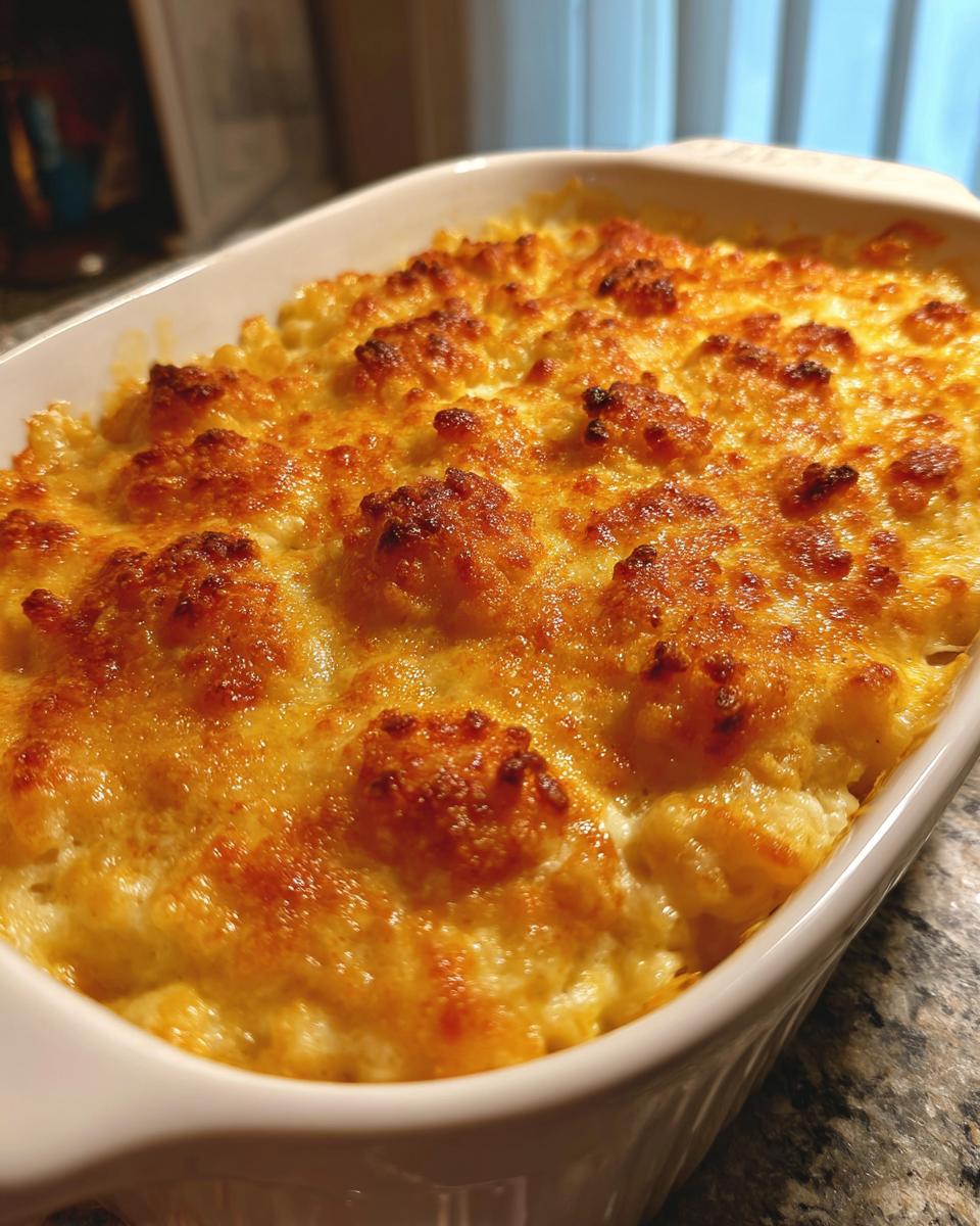 Close-up of a baked cream cheese corn casserole with a bubbly, golden-brown, cheesy crust in a white baking dish.